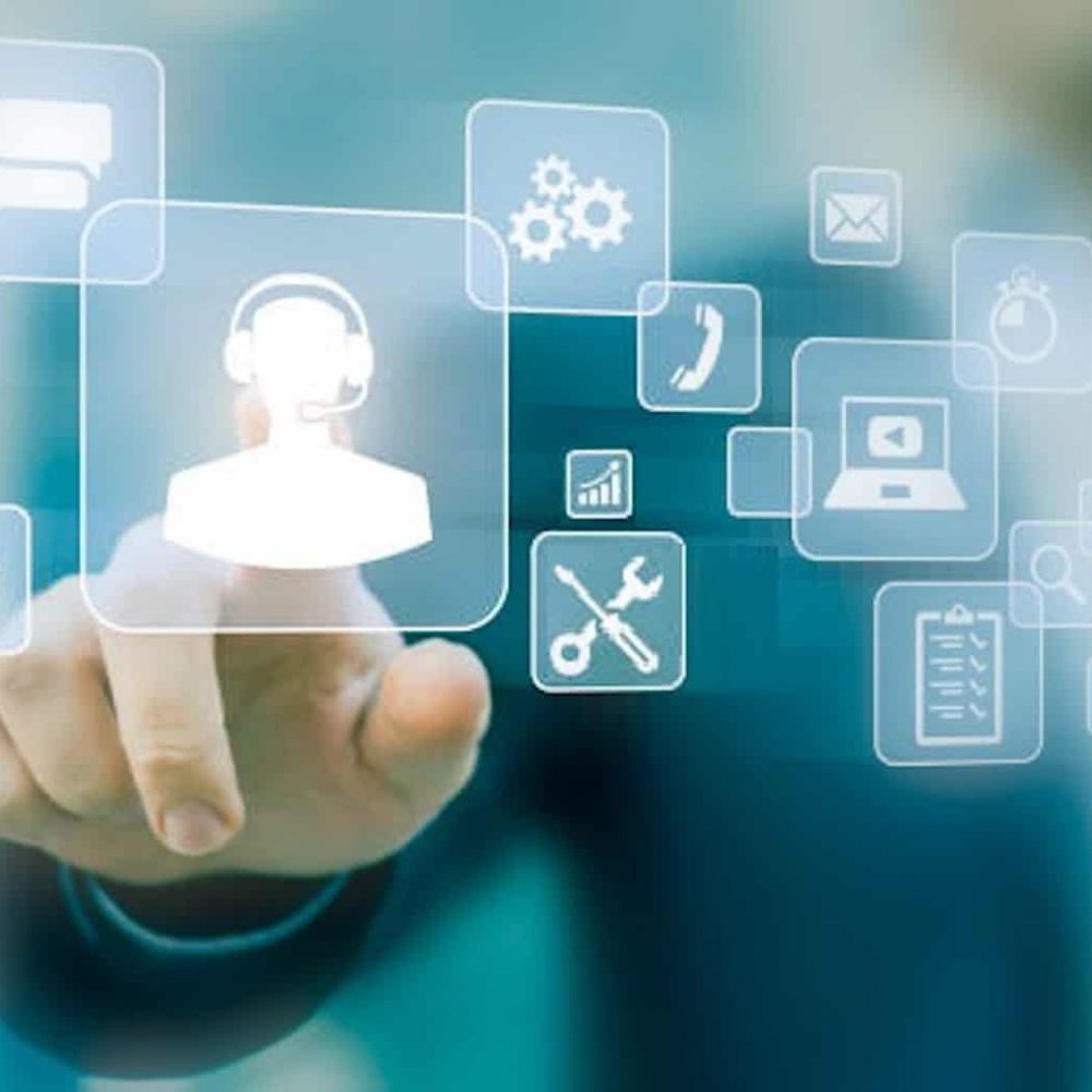 3.2.6 Technical support concept, business person touching helpdesk icon on screen, hotline assistance service available by phone, chat, email or online to solve incident with computer software, smartphone